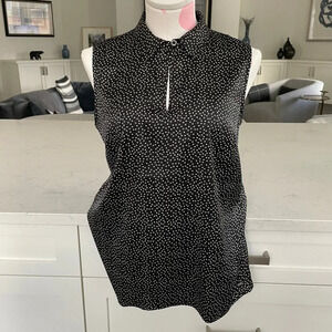 Tommy Hilfiger Sleeveless Collared Print Top w Keyhole Black + White Sz M NWOT